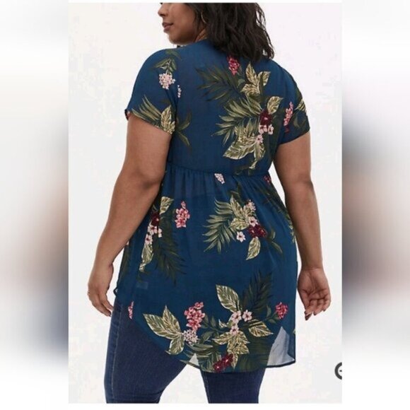 TORRID | Teal Tropical Floral Chiffon Babydoll Tunic Hi-Low Sheer Blouse Sz 4X - Picture 2 of 6